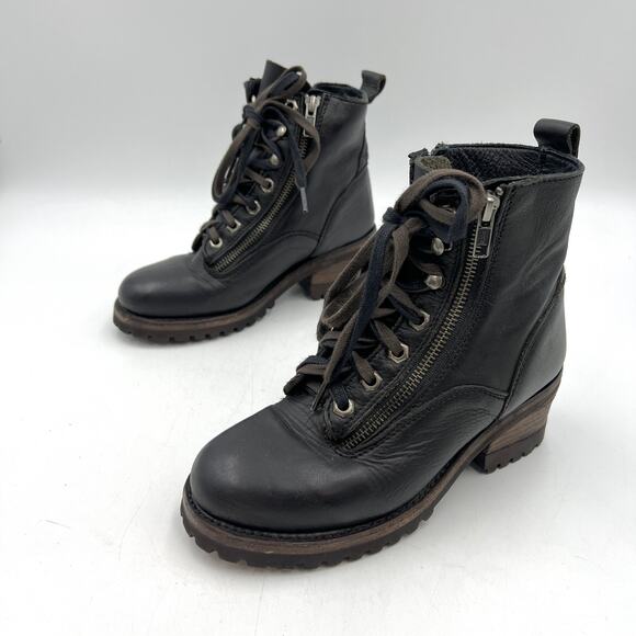 ASH Black Leather Lug Sole Boots Lace Up Moto Ankle Booties - Picture 1 of 8
